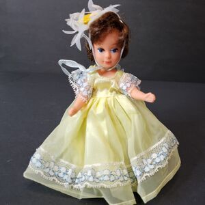 Vintage 1960s Made in Hong Kong Clone Miniature Doll 6" Yellow Dress & Headpiece
